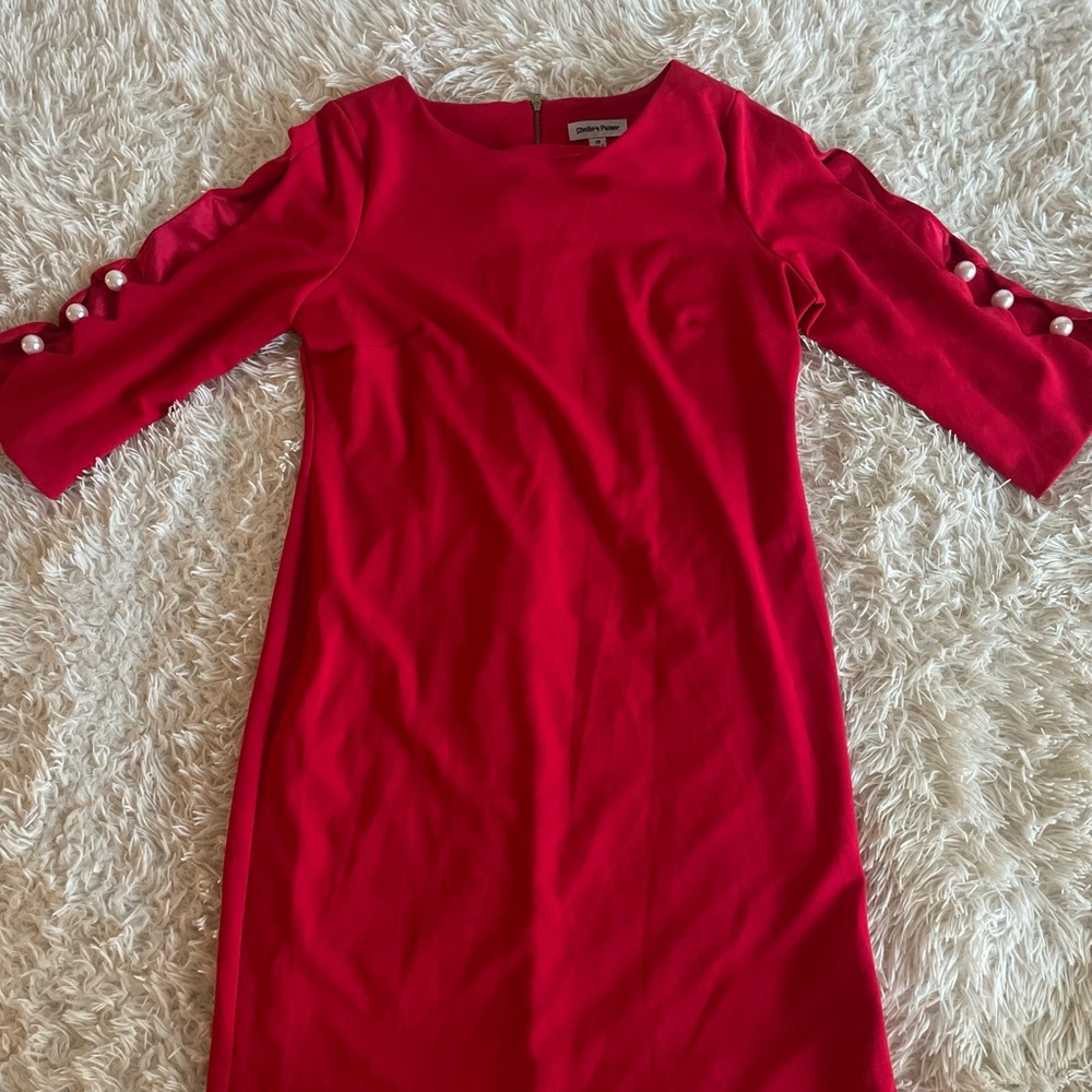 Red Business Casual Dress with Pearl Accent
